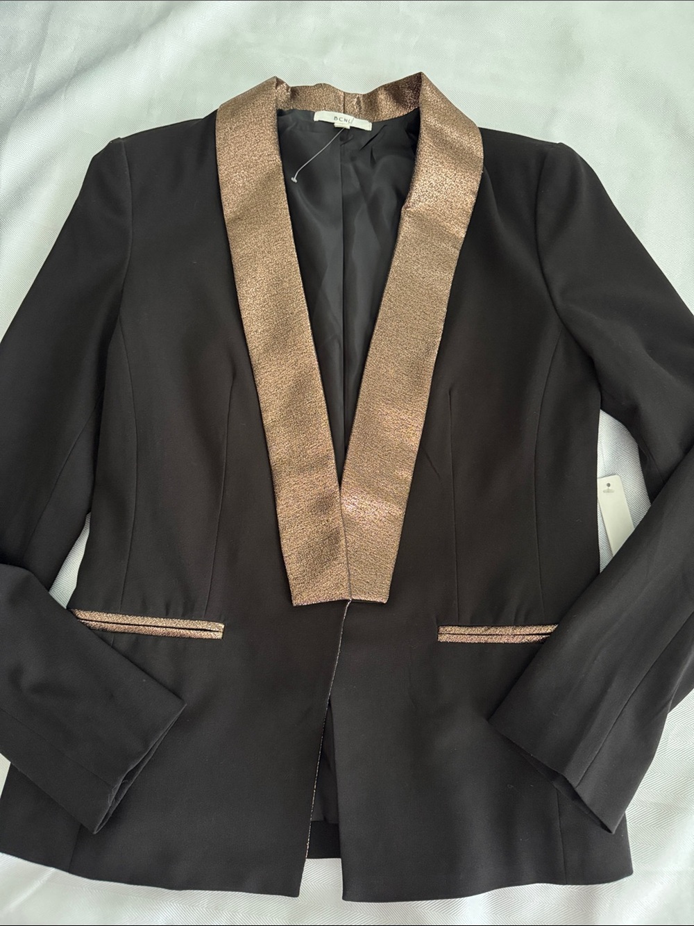 Women's Black Blazer with Metallic Bronze Satin Trim